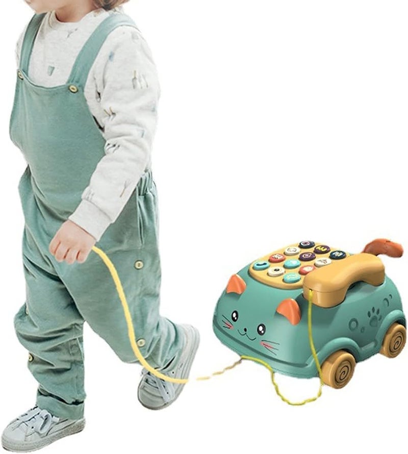 هاتف أطفال أخضر مع موسيقى وصوت وإضاءة تعليمي تفاعلي على شكل وجه قطة - Image 1